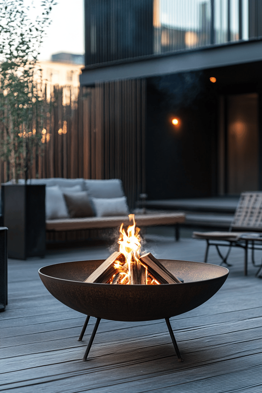 Eine moderne Terrasse mit einer stilvollen Feuerstelle im industriellen Design.