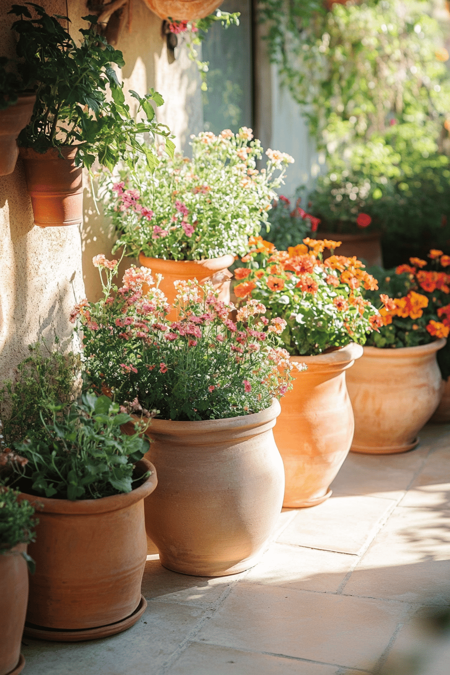 Terrakotta-Töpfe mit bunten Blumen auf einer sonnigen Terrasse.