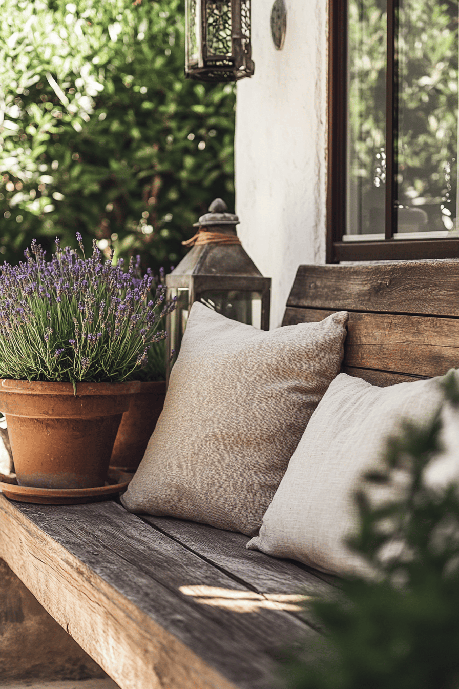 Ein rustikales Holzbänkchen mit Sitzkissen und Lavendel in einem Terrakottatopf.