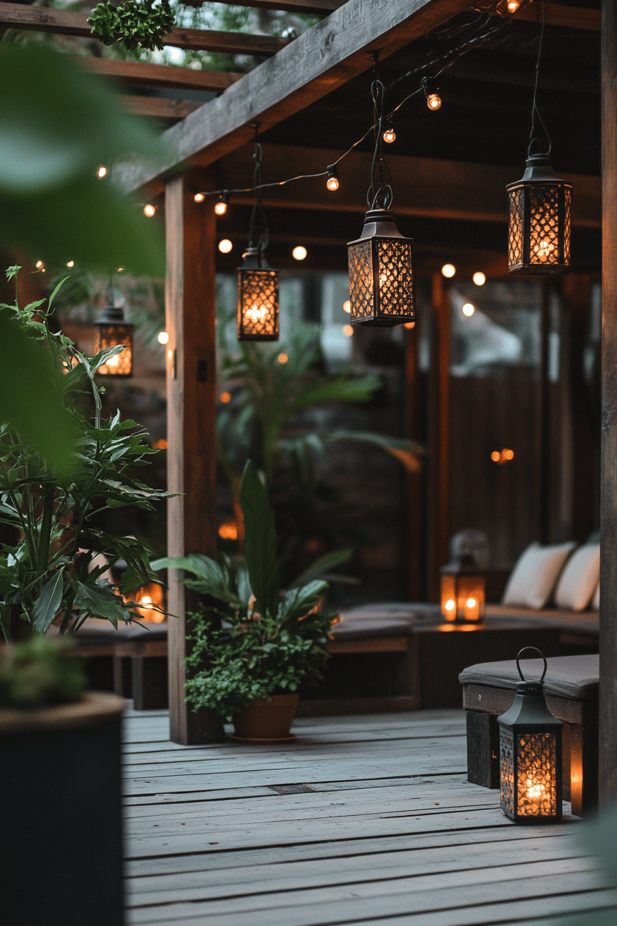 Stimmungsvolle Terrassenbeleuchtung mit Laternen und Lichterketten.
