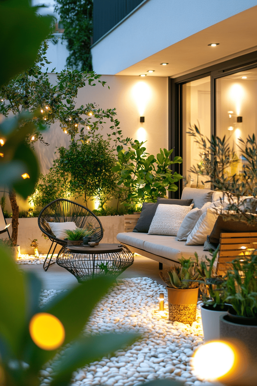 Moderne Terrasse mit stilvollen LED-Lichtinstallationen und gemütlicher Sitzgelegenheit.