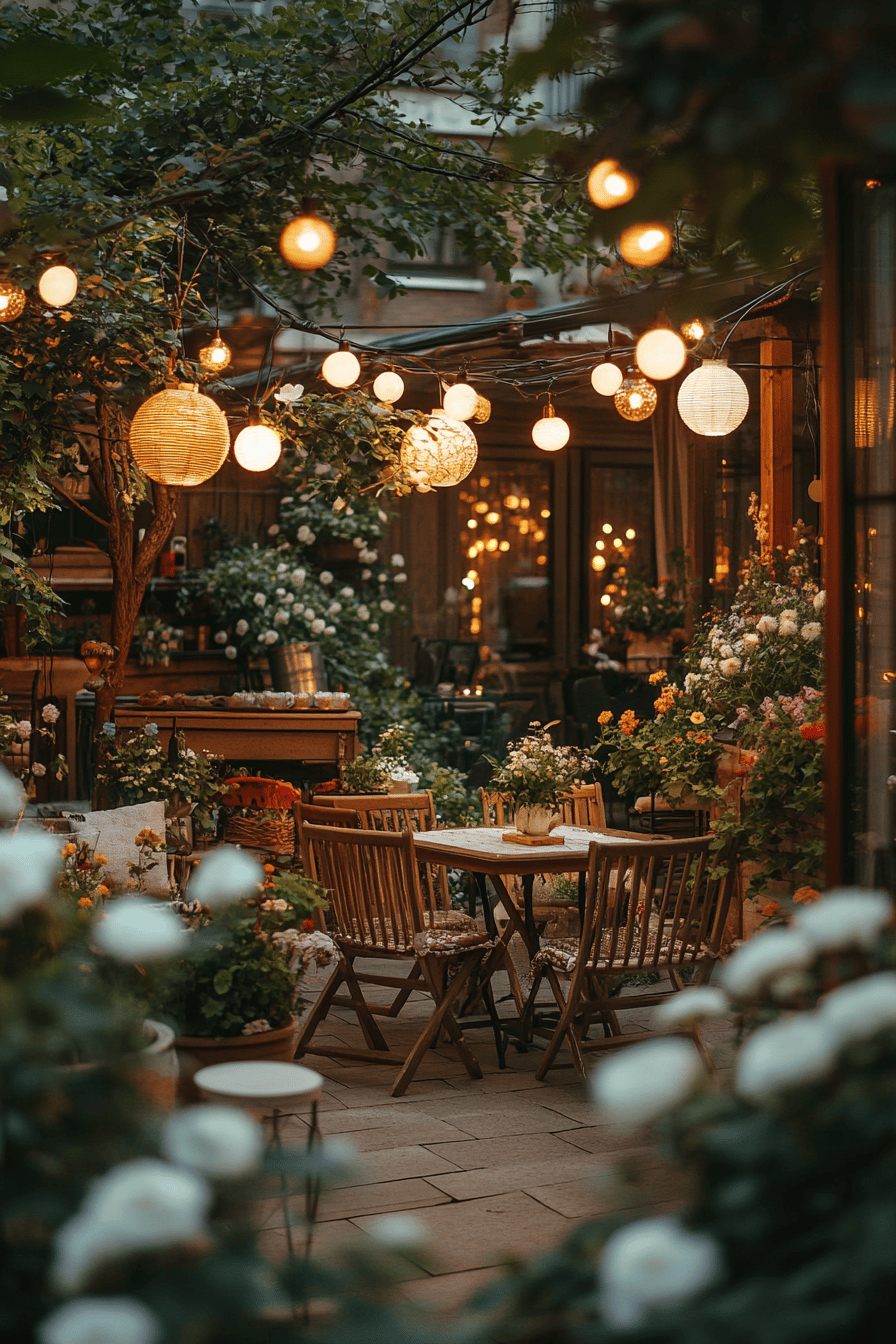 Eine gemütliche Terrasse mit hängenden Lichterketten und Gartenmöbeln umgeben von zahlreichen Pflanzen.