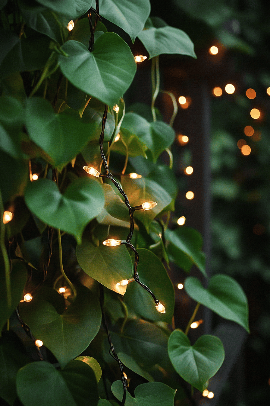 In Pflanzen integrierte Lichterkette für eine gemütliche Terrassenatmosphäre.