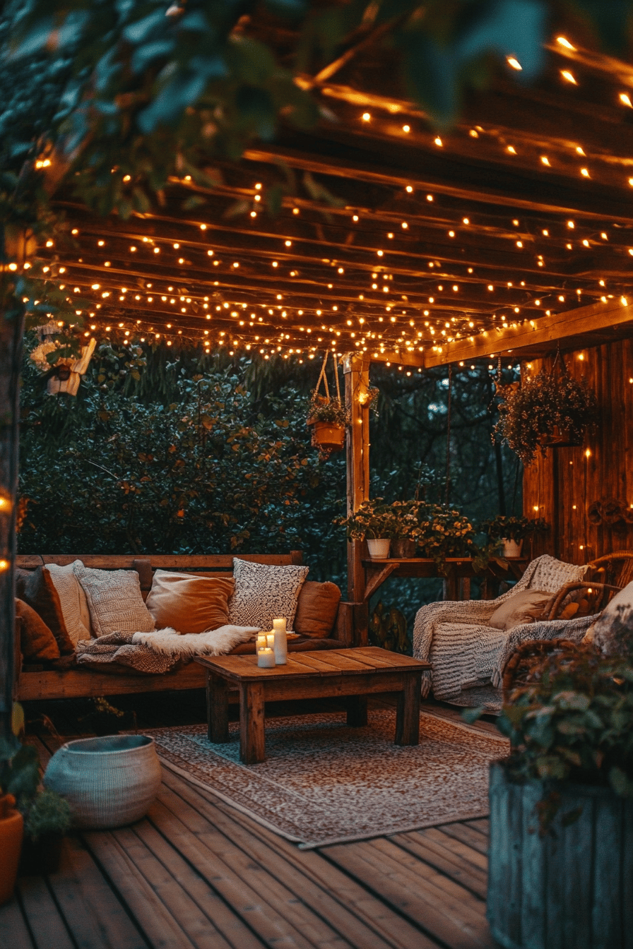 Gemütliche Terrasse mit Lichterketten und Sitzbereich.