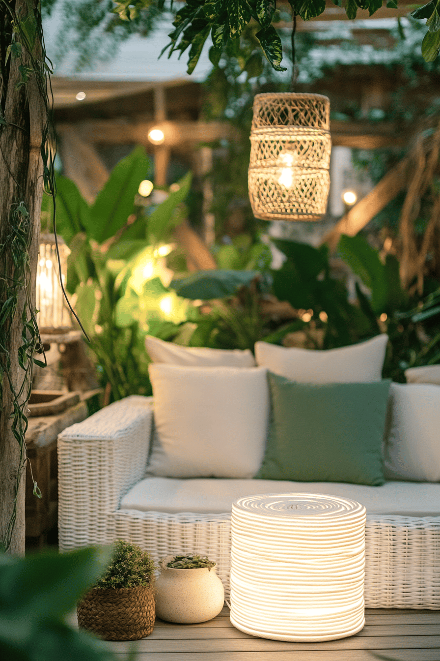 Eine gemütliche Terrasse mit Lichterschlauch, Sofa und Pflanzen im Landhausstil.