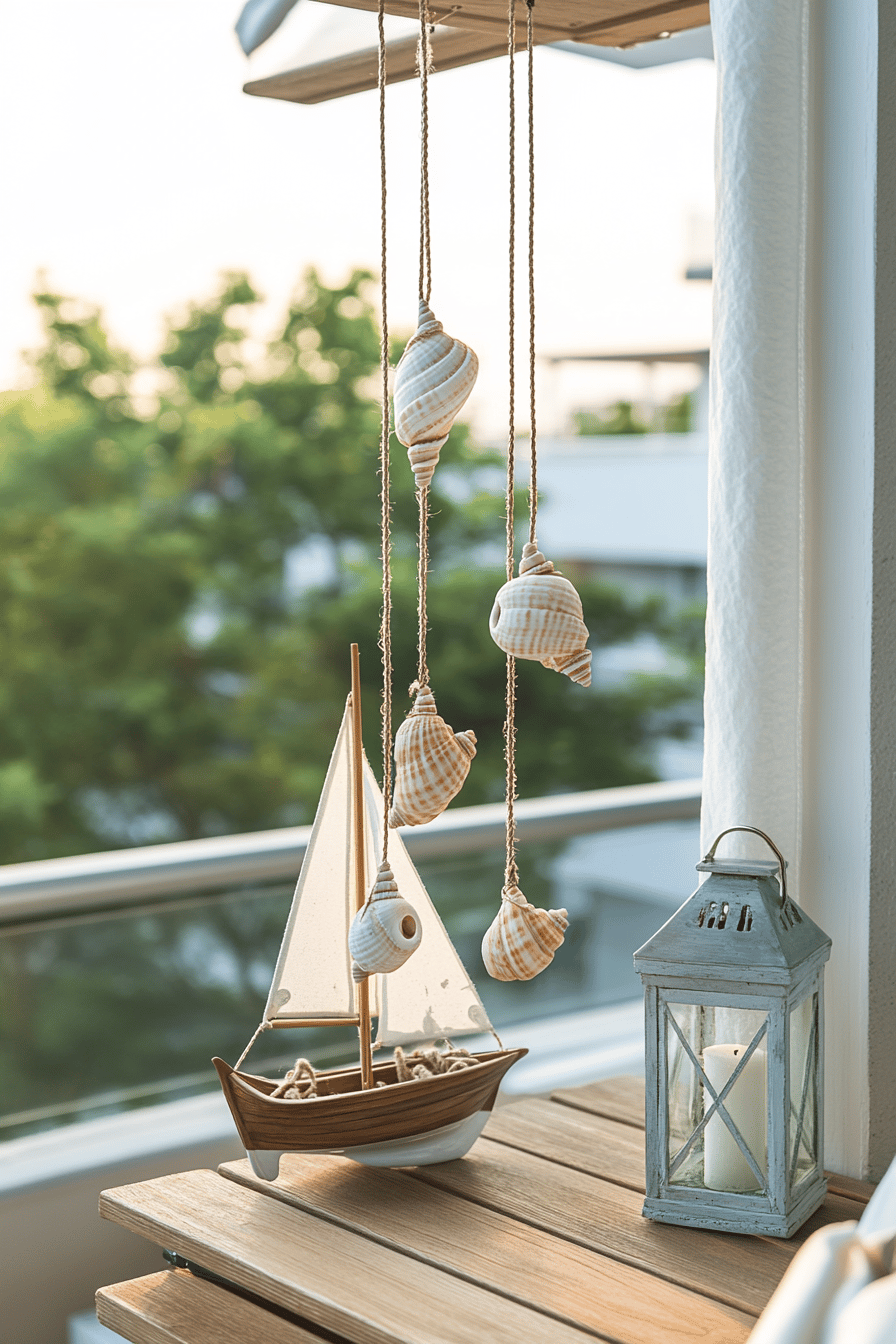 Ein Windspiel aus Muscheln hängt über einem Tisch mit einem Modellboot und einer Laterne.