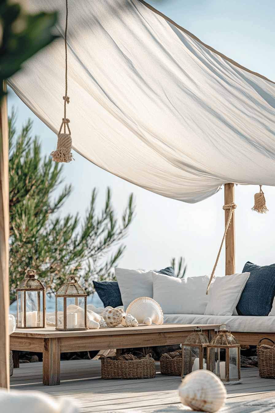 Holzmöbel und ein DIY-Segel als Terrassenüberdachung mit maritimen Dekorationselementen.