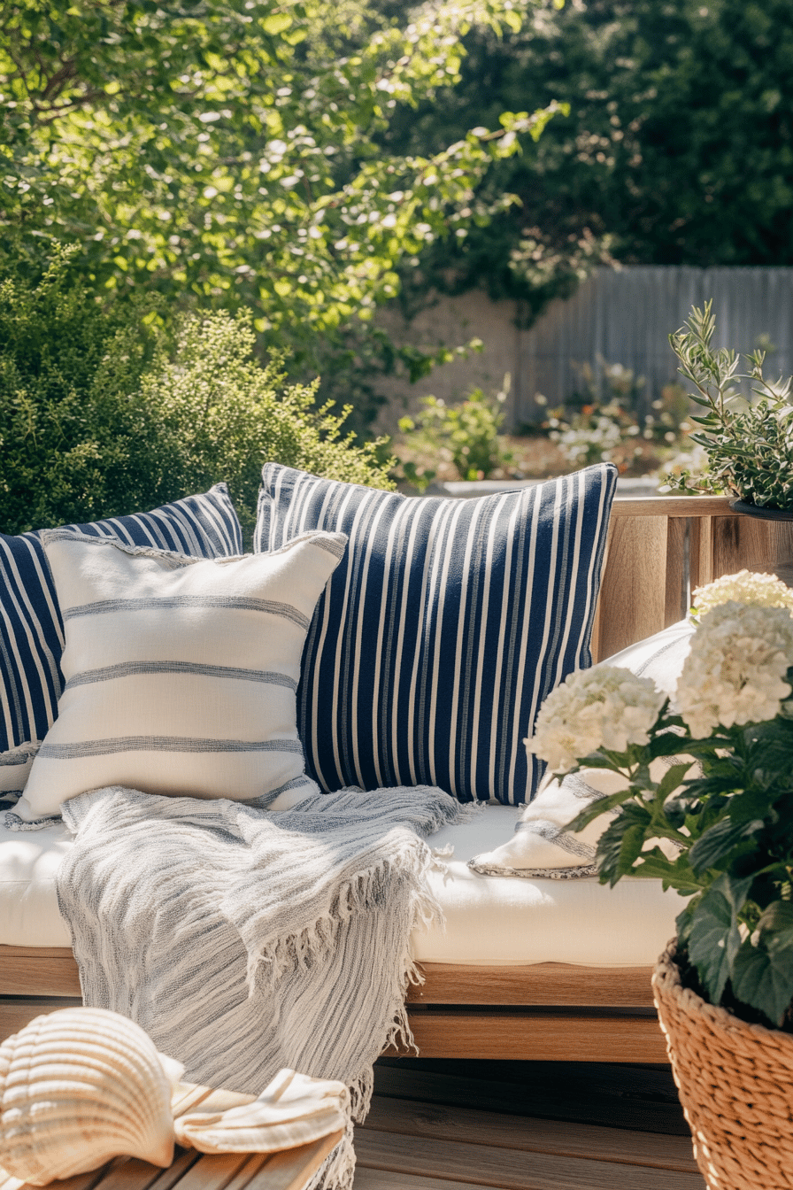 Terrassensofa mit gestreiften Kissen und Leinenüberwurf neben Blumentopf.