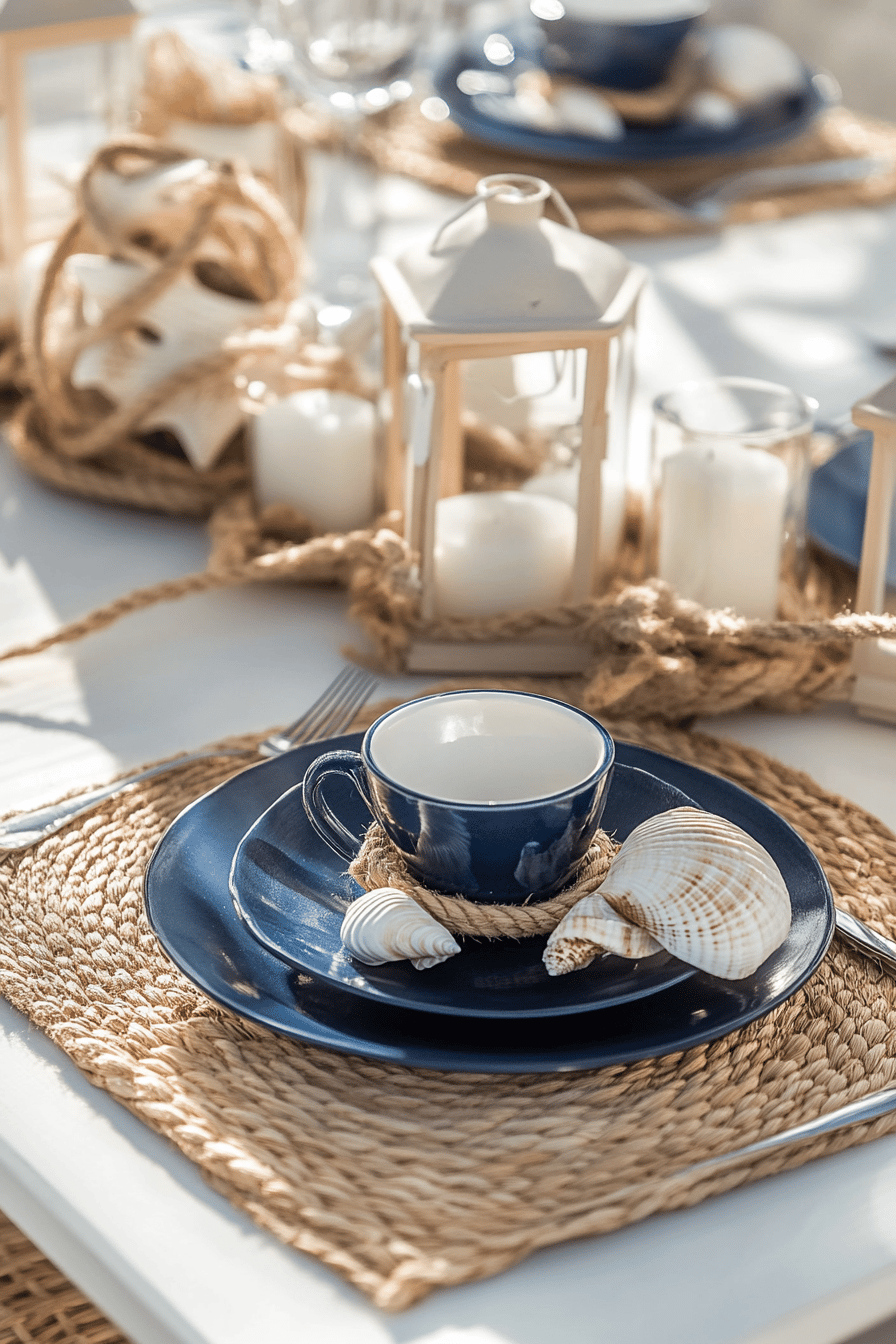 Tischdekoration im maritimen Stil mit Muscheln, blauen Tellern und Laternen.