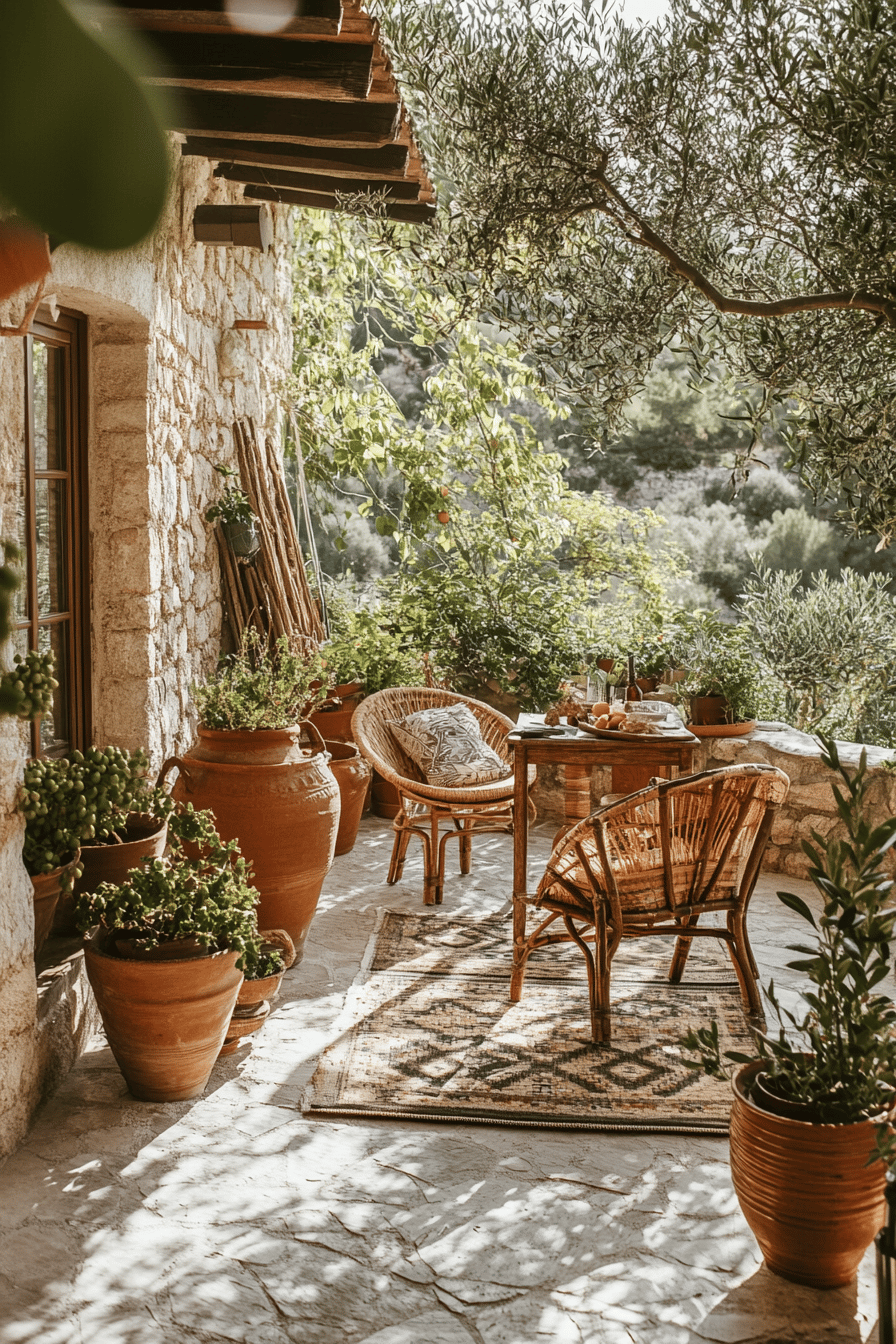 Mediterran dekorierte Terrasse mit Korbmöbeln und Blumentöpfen.