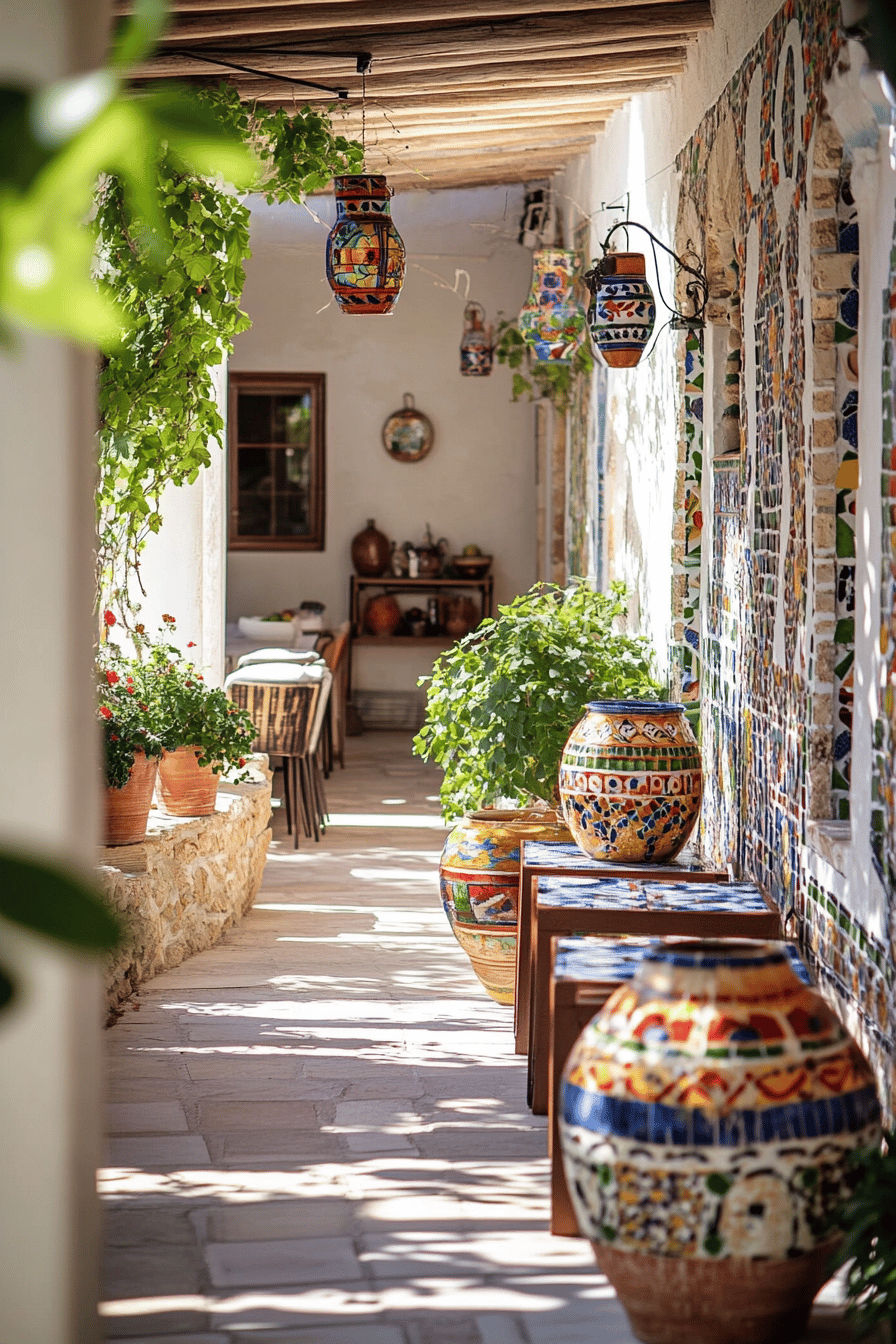 Mediterrane Terrasse mit bunten Mosaikvasen und Pflanzen.