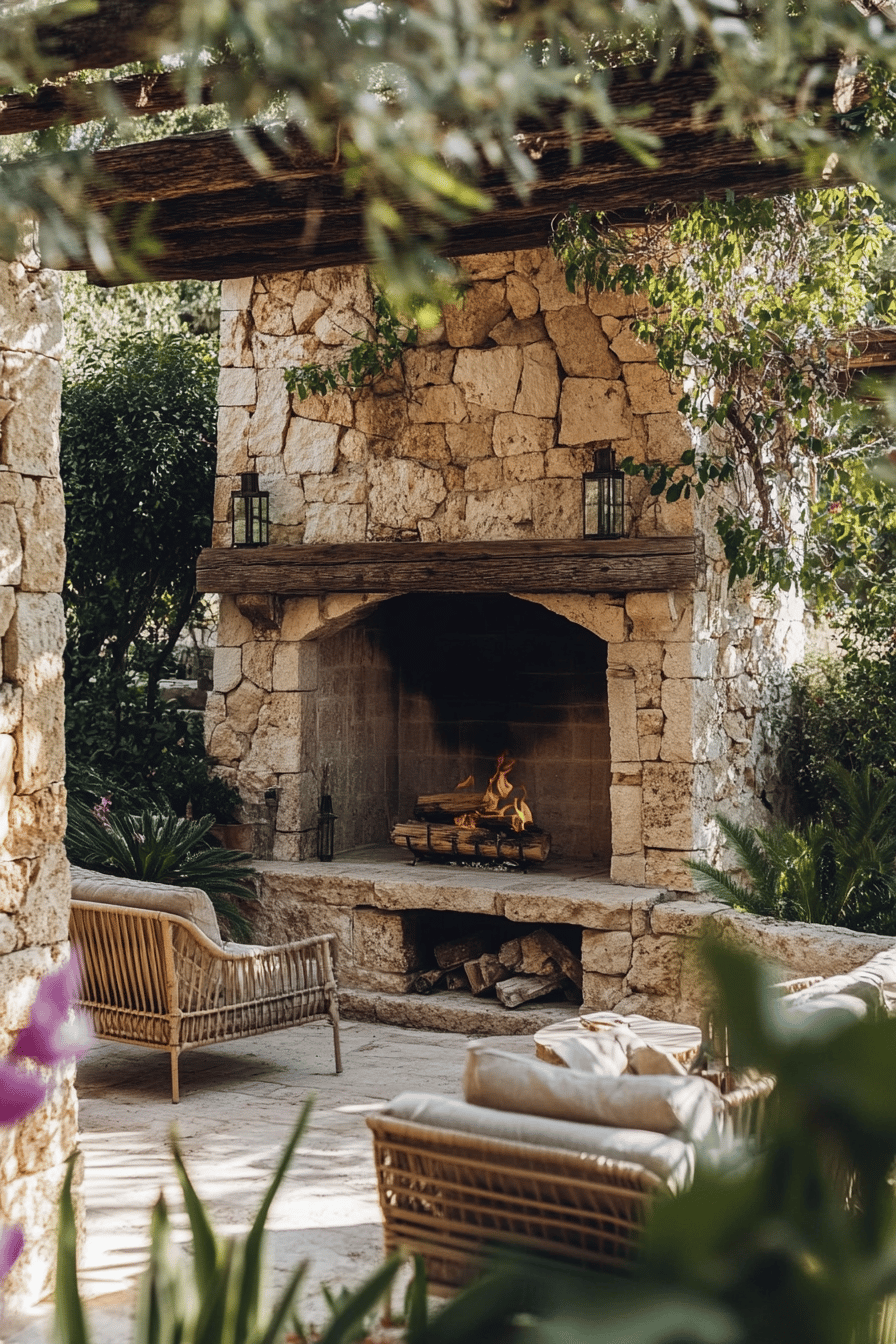 Gemauerte Feuerstelle auf einer mediterranen Terrasse mit Rattanmöbeln.