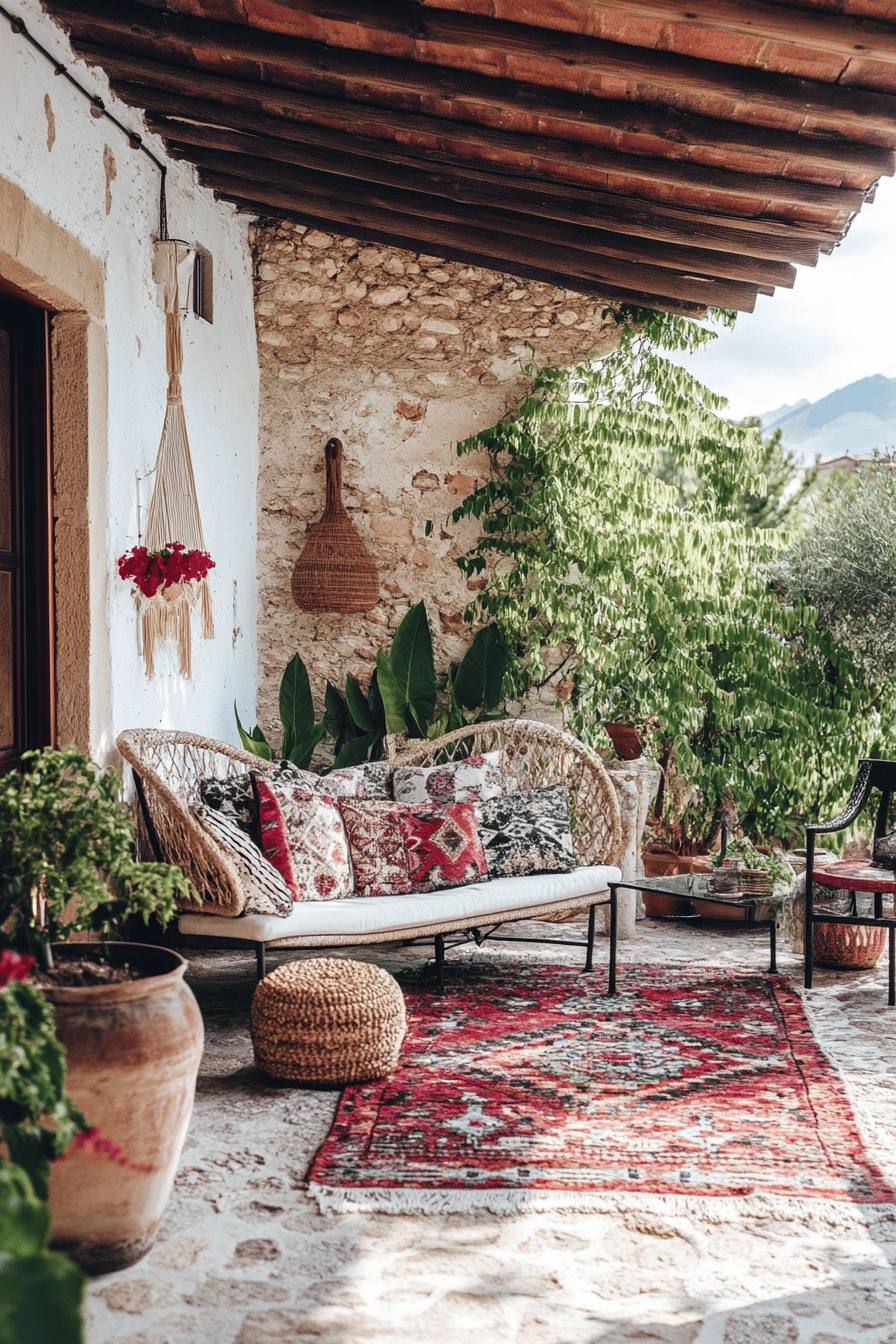 Mediterrane Terrasse mit Steinwänden, Sofa, bunten Kissen und Pflanzen.