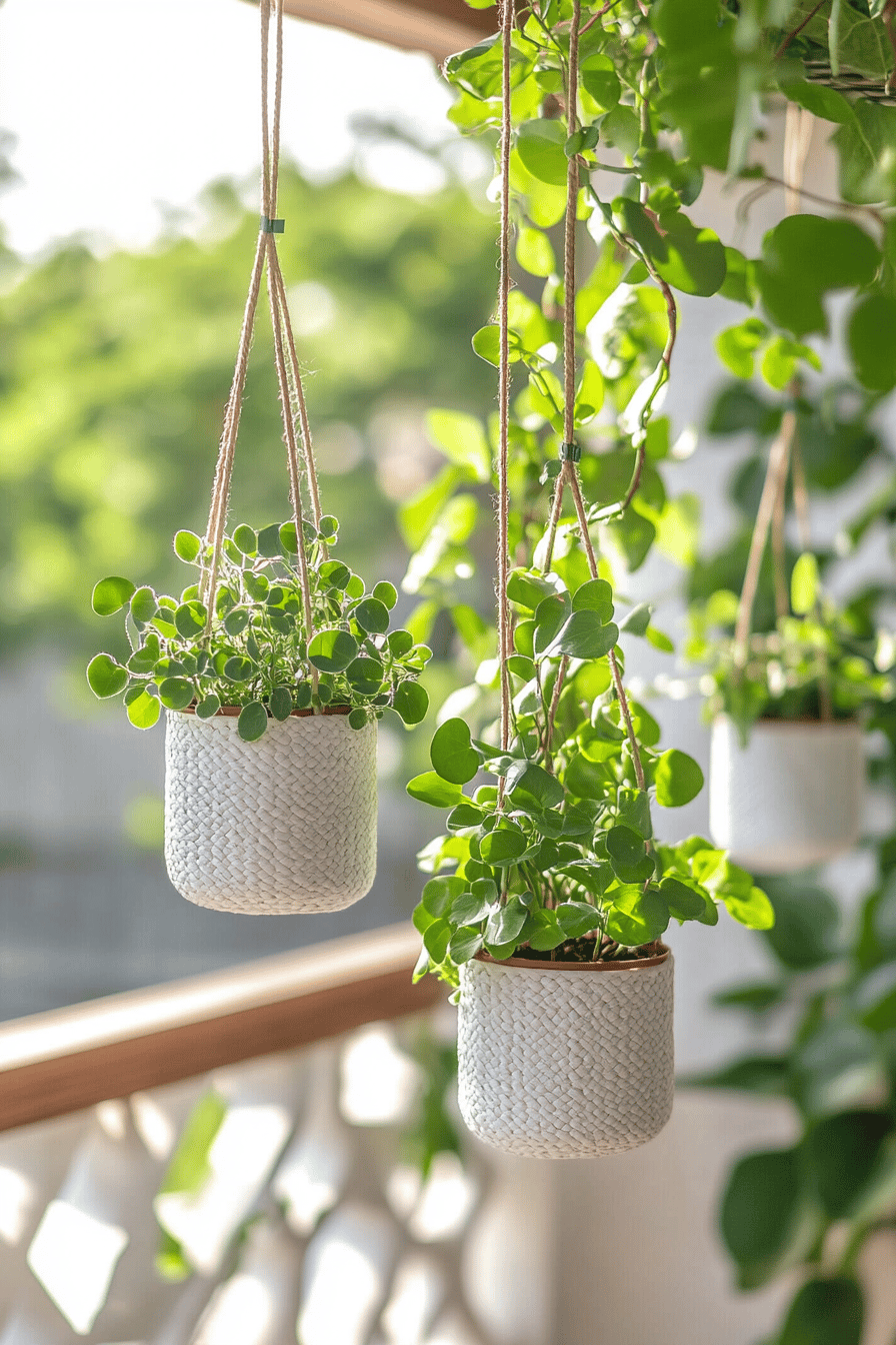 Hängende Pflanzenhalter mit grünen Pflanzen auf einer Terrasse.