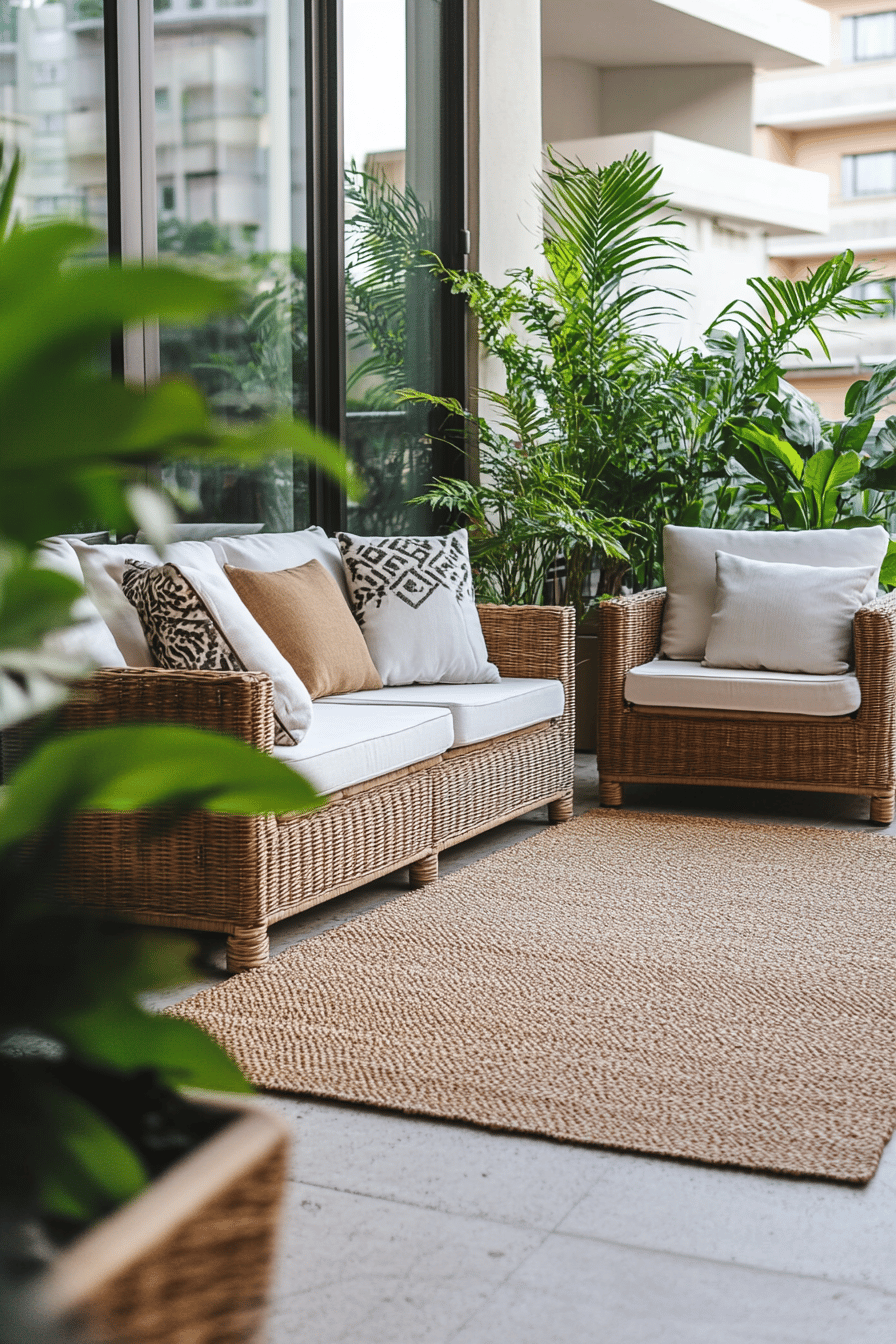 Moderne Terrasse mit Rattanmöbeln und stilvollem Outdoor-Teppich