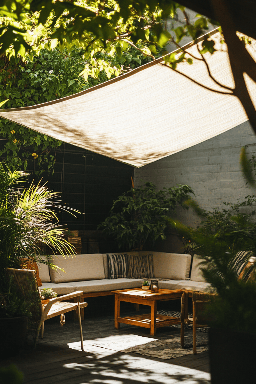 Gemütliche Terrasse mit faltbarem Sonnensegel und Sitzmöbeln.