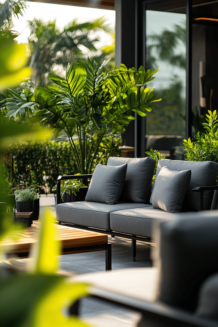 Moderne Terrassen-Deko mit grauen Loungemöbeln und grünen Pflanzen.