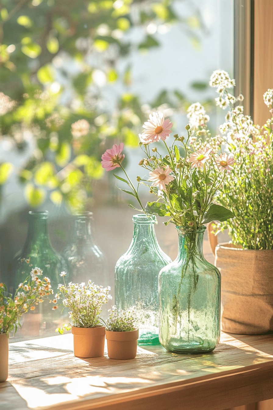Blumen in recycelten Glasvasen auf einem sonnendurchfluteten Tisch.