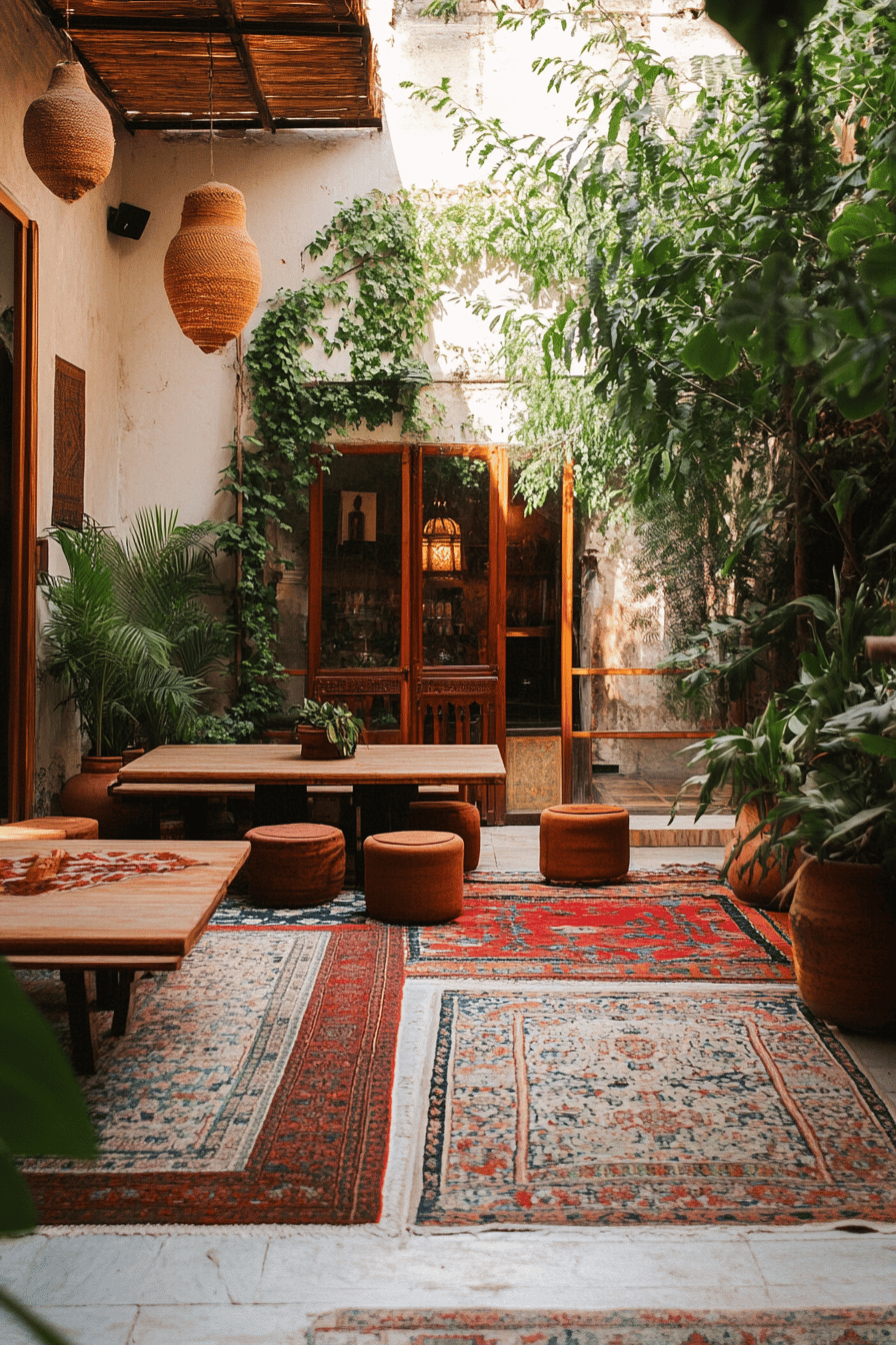 Terrasse mit orientalischen Teppichen und gemütlichem Sitzbereich.
