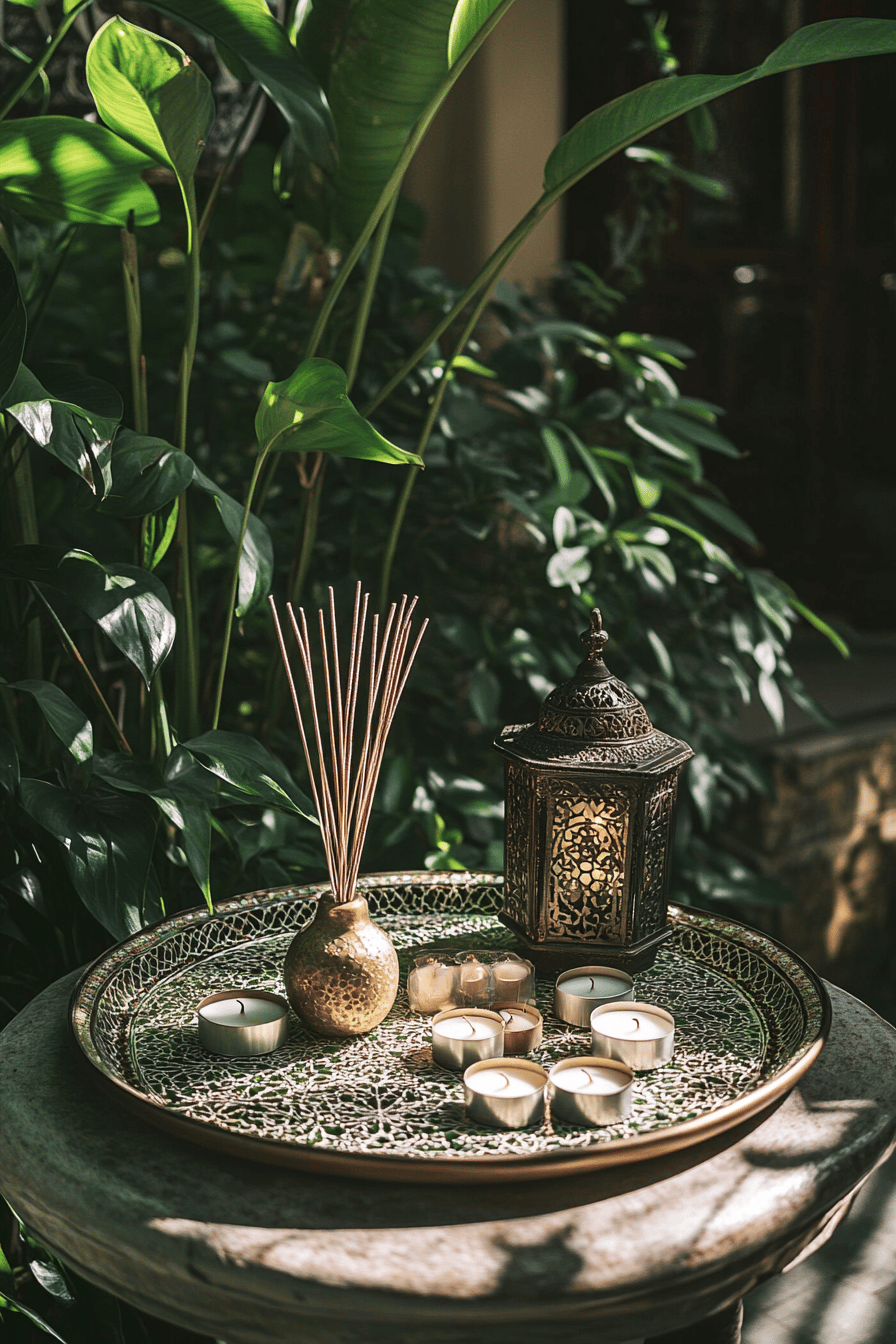 Orientalisches Tablett mit Duftkerzen und Räucherstäbchen, umgeben von Pflanzen.
