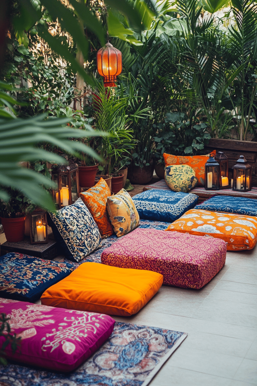 Bunte Bodenkissen und Laternen auf einer orientalisch gestalteten Terrasse.