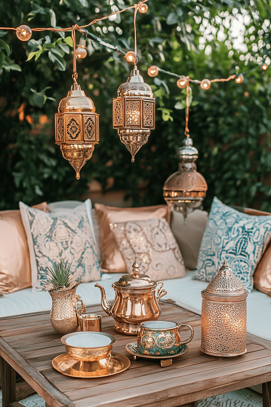 Orientalische Terrassendekoration mit Metalllampen und Kissen.
