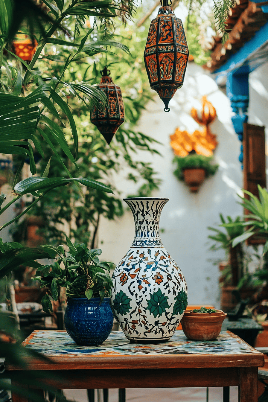 Eine Terrasse mit handgefertigten Keramikvasen und orientalischen Laternen.