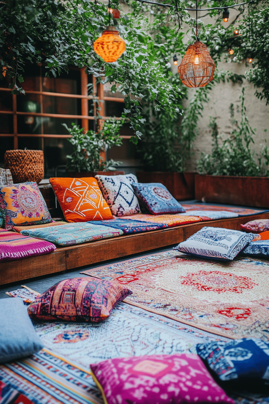 Eine gemütliche Terrasse mit bunten Kissen und orientalischen Teppichen.