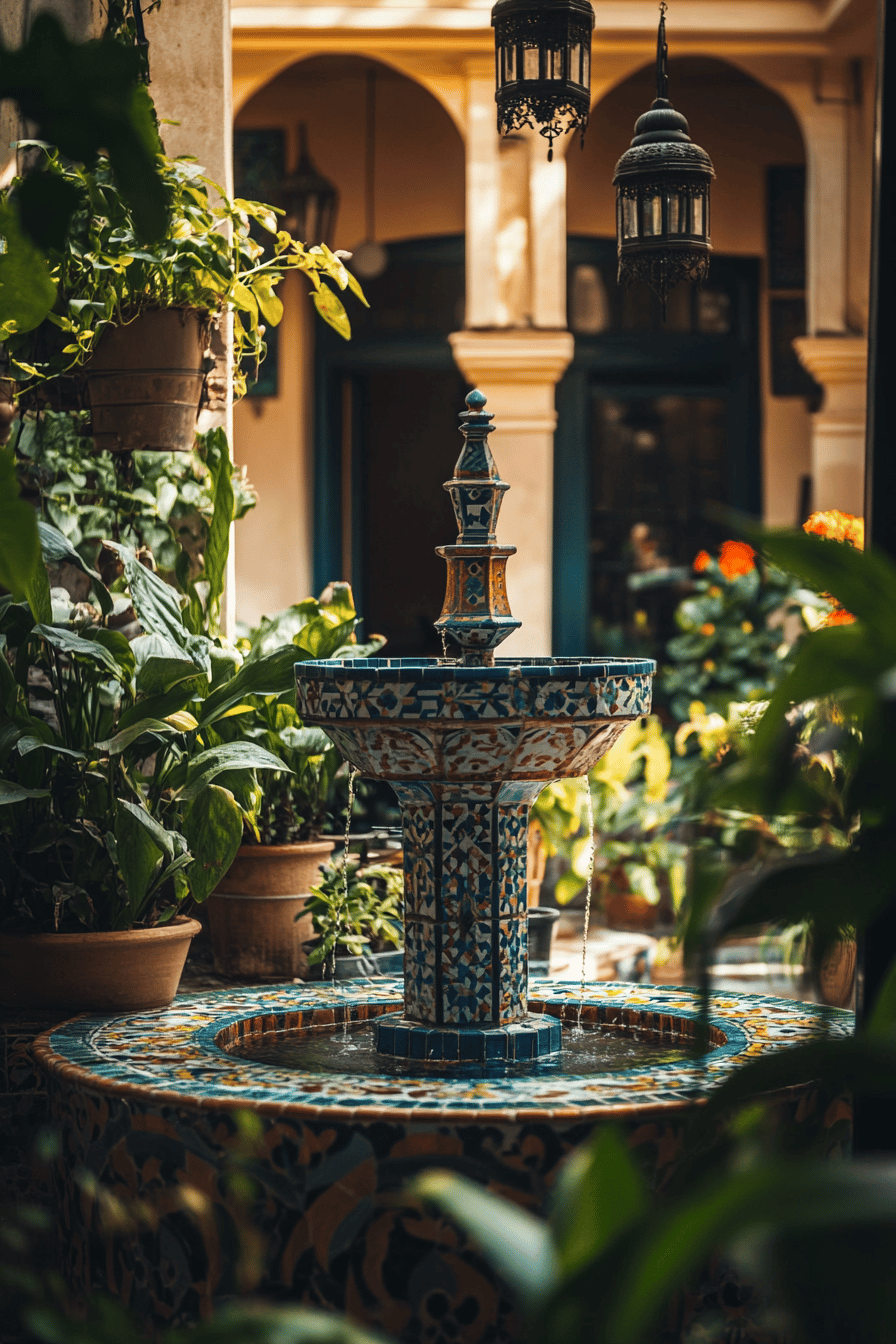 Ein detailreicher orientalischer Zierbrunnen in einem üppig begrünten Hof.