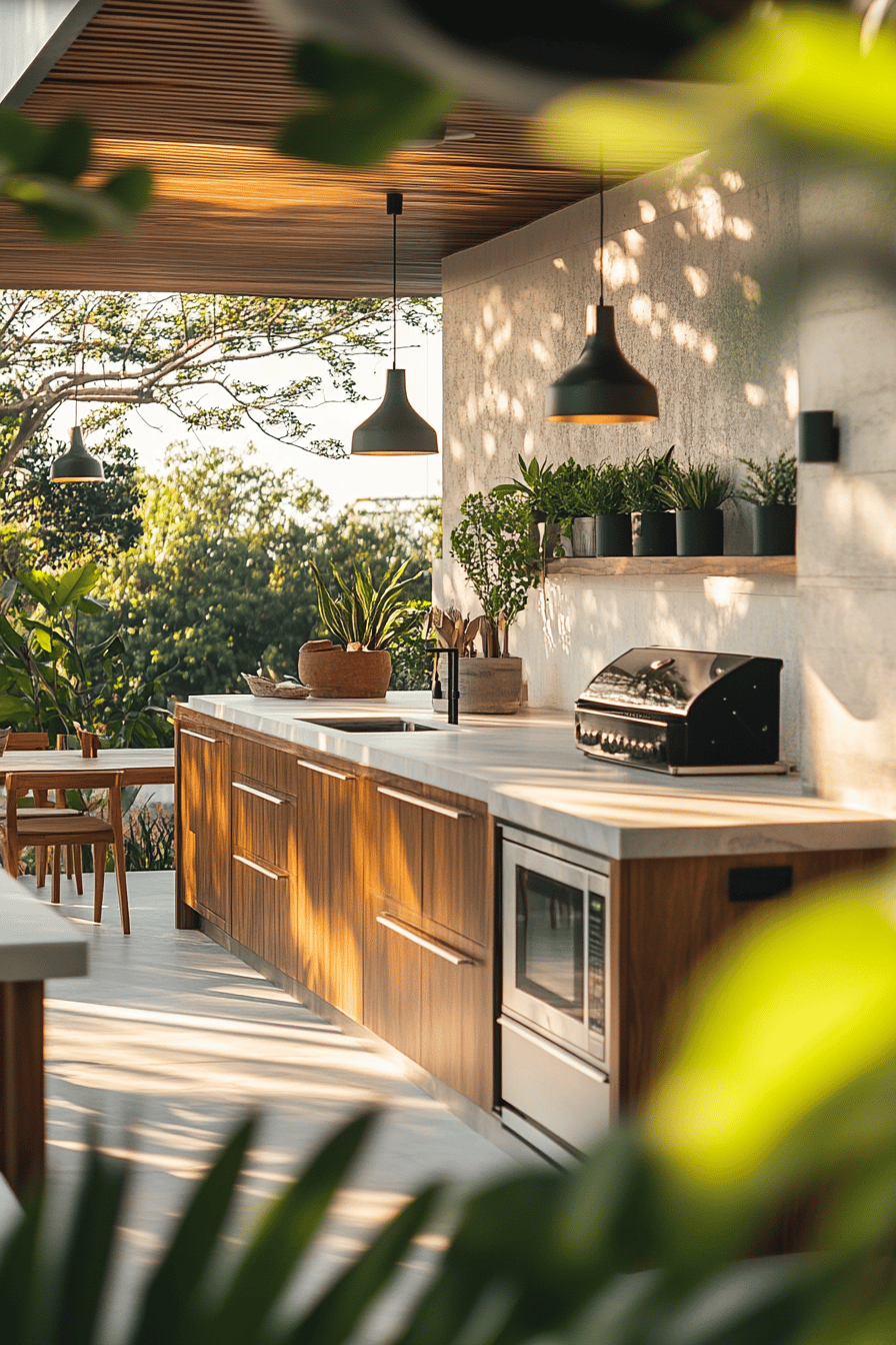 Moderne Outdoor-Küche mit hölzernen Details und integrierter Beleuchtung.