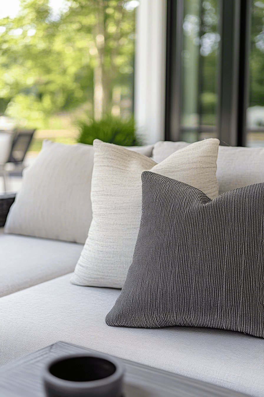 Nahaufnahme von grauen und weißen Kissen auf einem Outdoor-Sofa.
