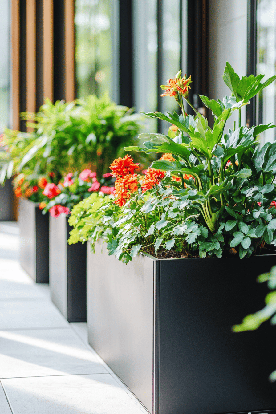 Reihe von Pflanzkästen mit bunten Blumen auf einer Terrasse.
