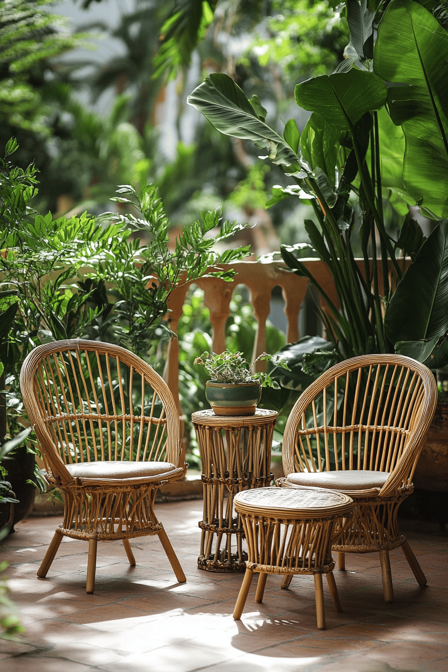 Rattanmöbel und Pflanzen auf einer gemütlichen Terrasse.