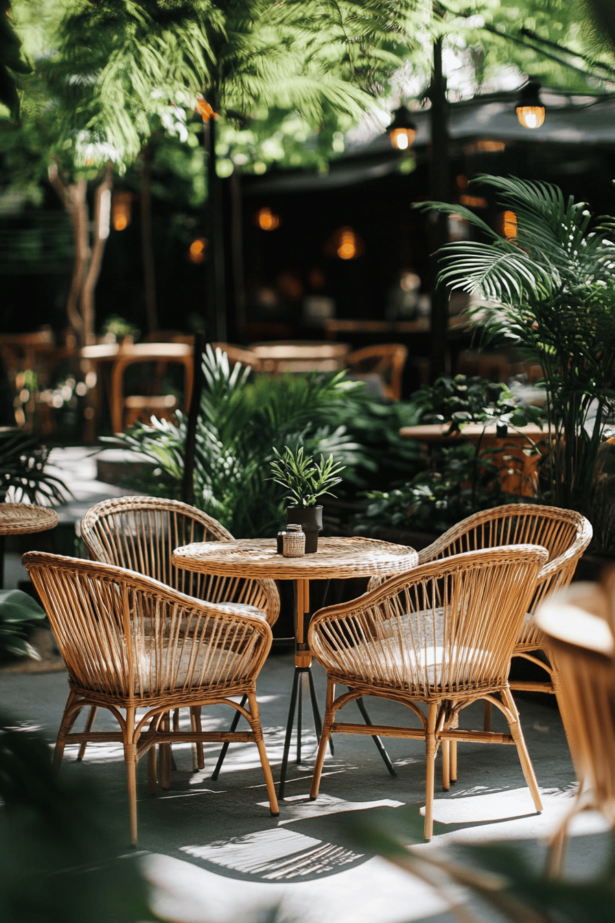 Gemütliche Terrasse mit Rattanstühlen und Tisch, umgeben von üppigem Grün.