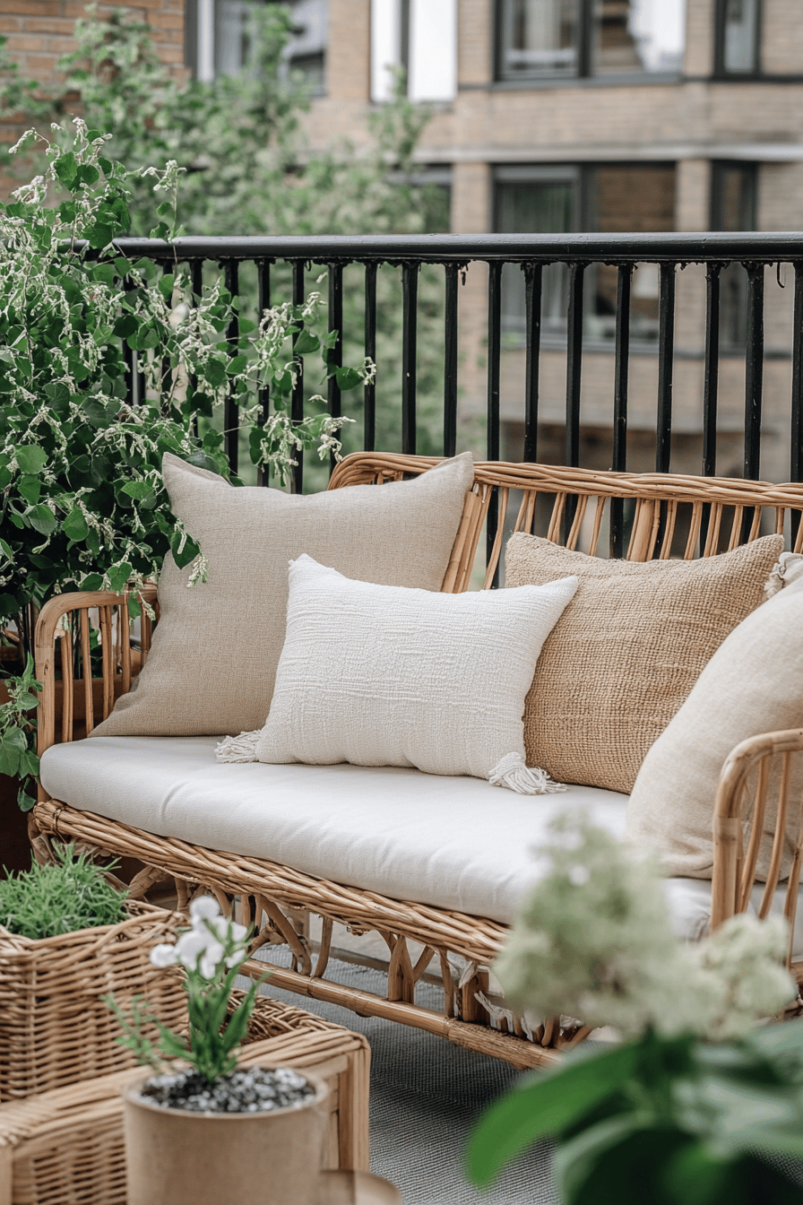 Eine Rattanbank auf einer Terrasse mit dekorativen Kissen und Pflanzen.