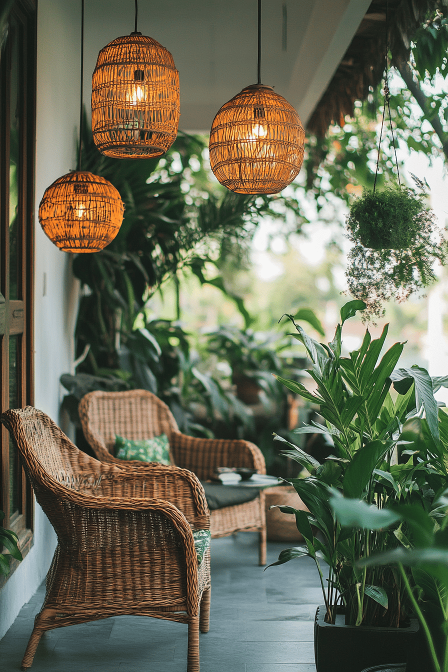 Gemütliche Terrasse mit Rattanmöbeln und Pflanzen.