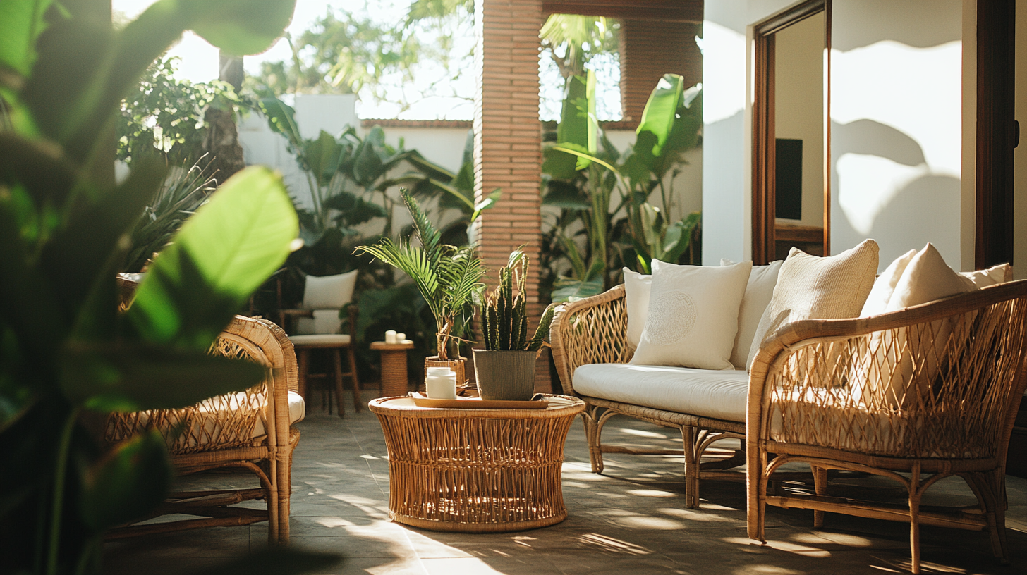 Gemütlicher Terrassenbereich mit Pflanzen und Rattanmöbeln