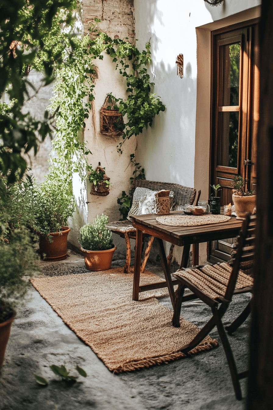 Rustikale Terrasse mit Jute-Teppich, Holzmöbeln und Topfpflanzen.