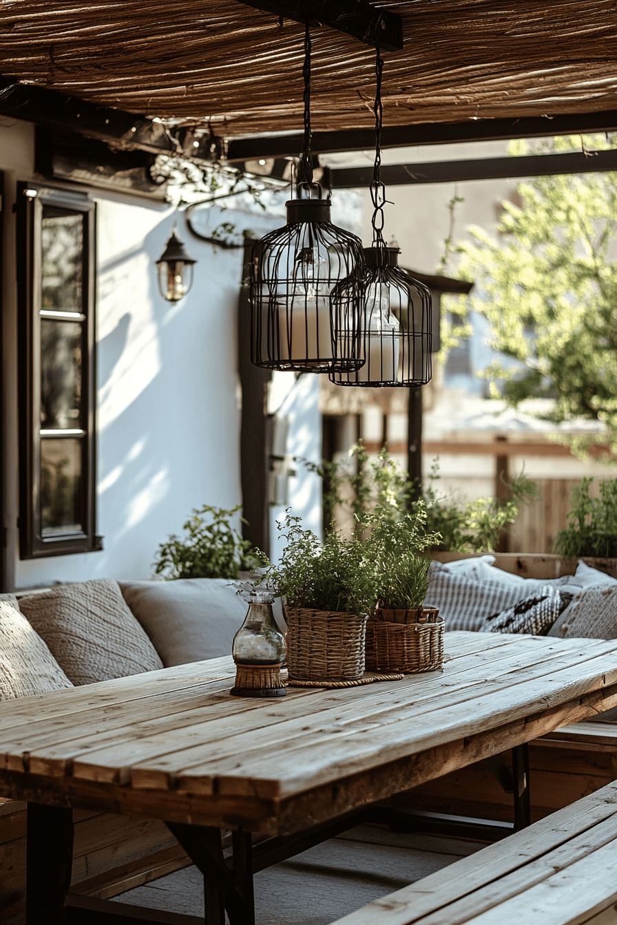 Eine rustikale Terrasse mit einem Holztisch, dekoriert mit Pflanzen und gemütlichen Kissen.