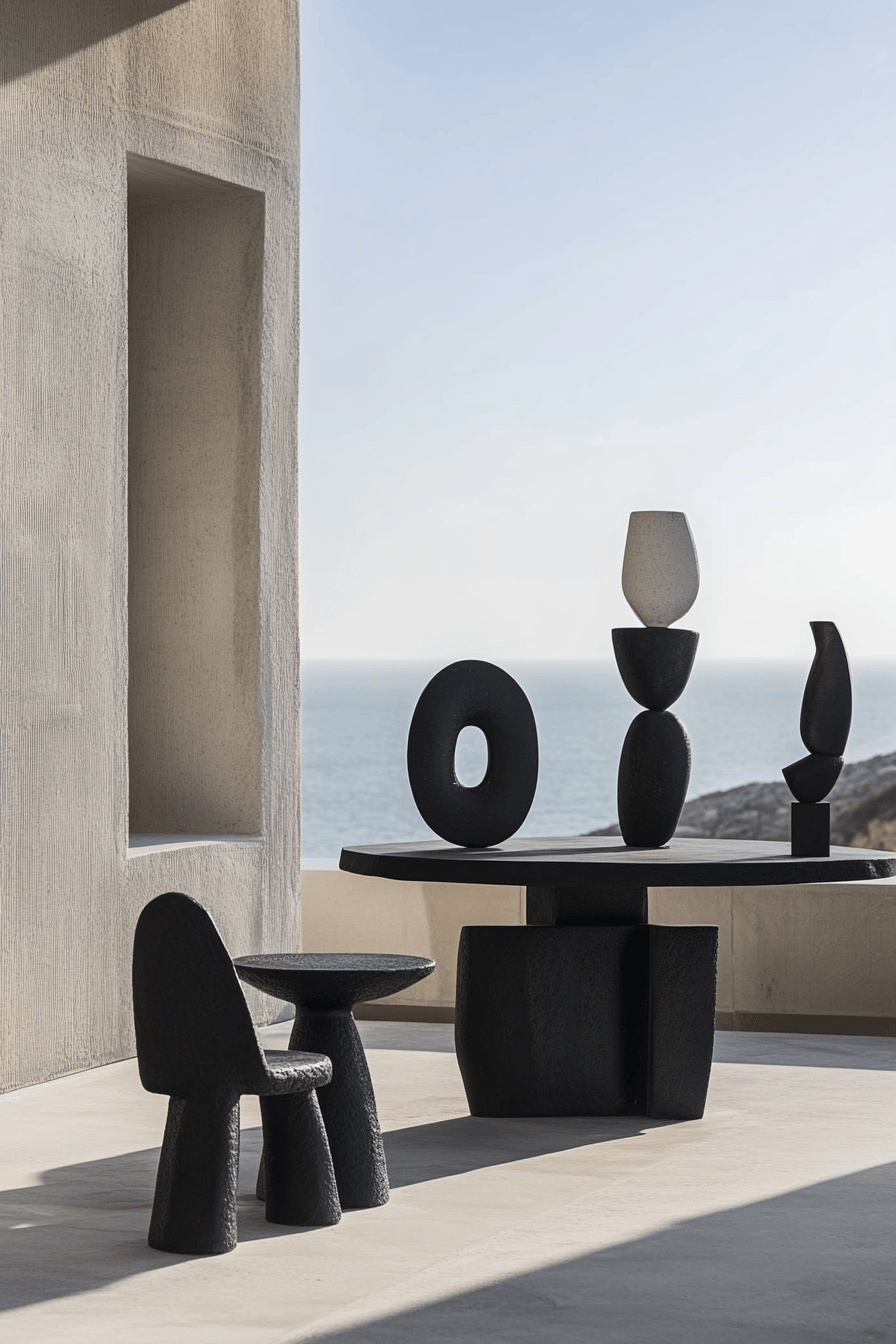 Moderne schwarze Skulpturen und Möbel auf einer Terrasse mit Meerblick.
