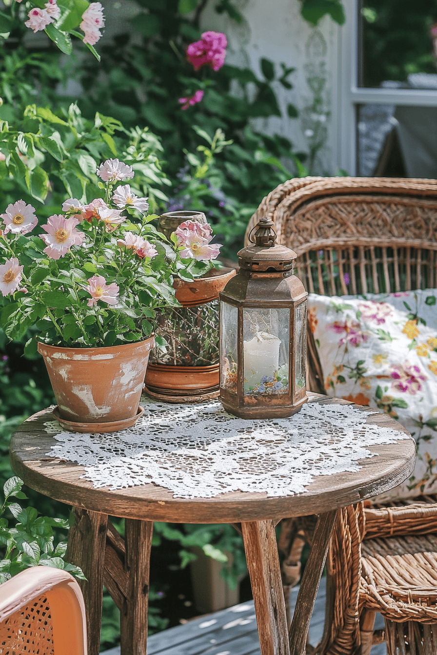 Holztisch mit Spitze, Laterne und Blumentöpfen im Shabby Chic Stil vor einem Rattanstuhl.