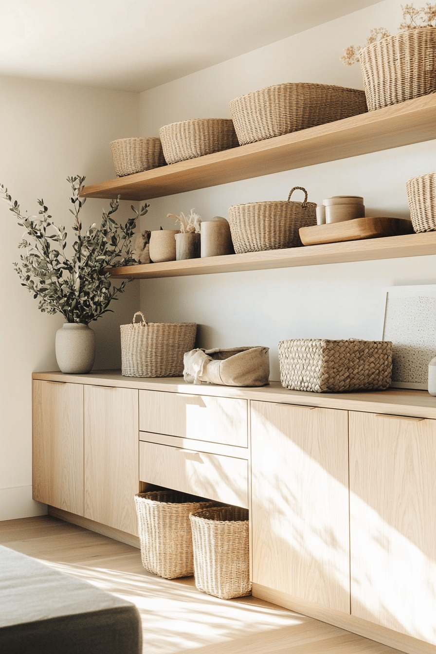 Minimalistische Holzregale mit Körben aus natürlichen Materialien und eleganten Dekoelementen.