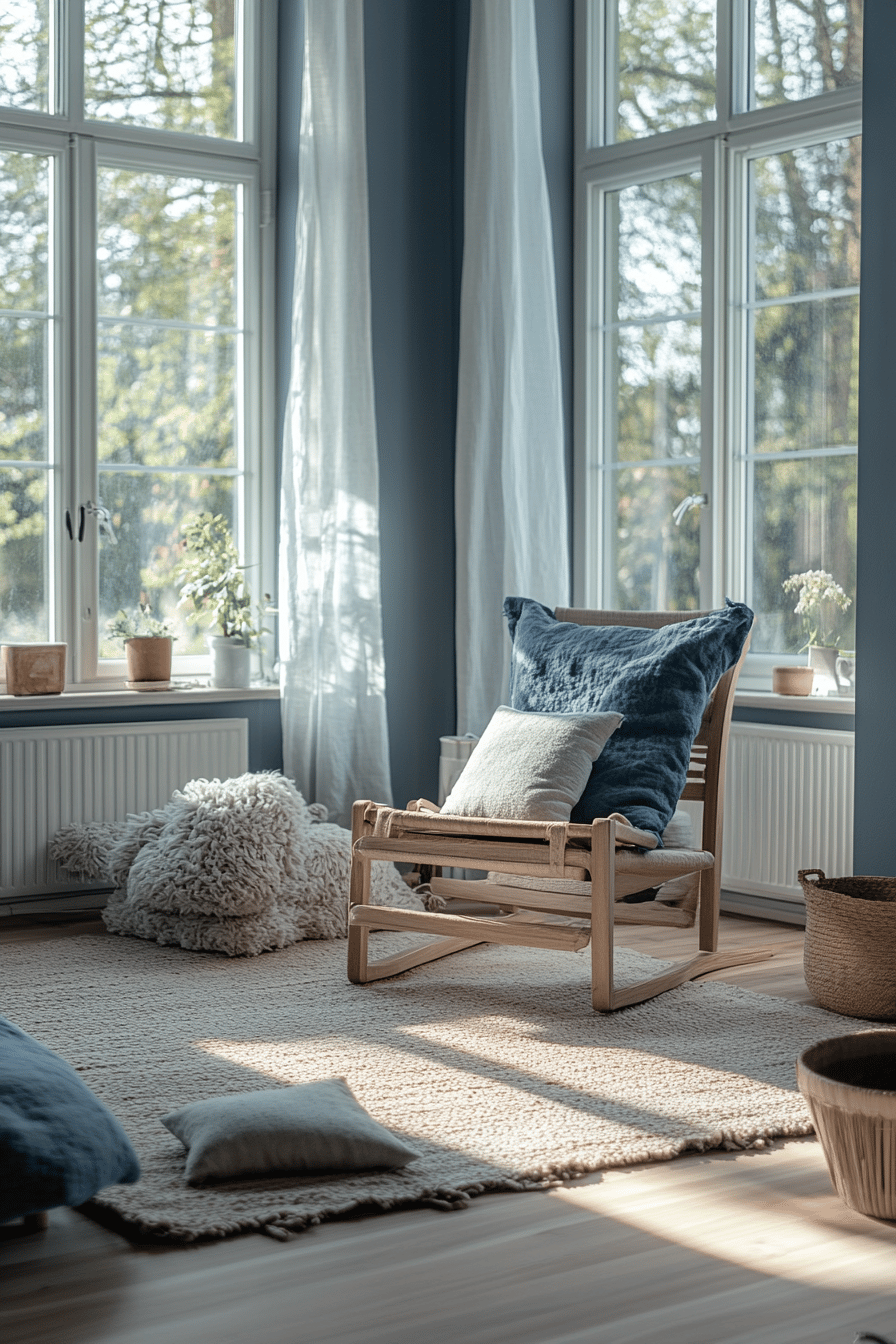 Ein minimalistisch eingerichtetes Wohnzimmer mit großen Fenstern, Holzstuhl und weichem Teppich in skandinavischem Stil.