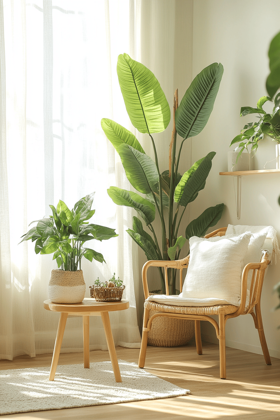 Helles skandinavisches Wohnzimmer mit Pflanzen und Rattan-Möbeln.