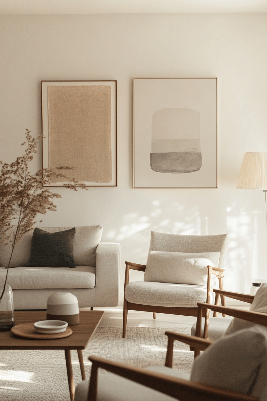Skandinavischer Wohnraum mit dezenter Kunst an der Wand.