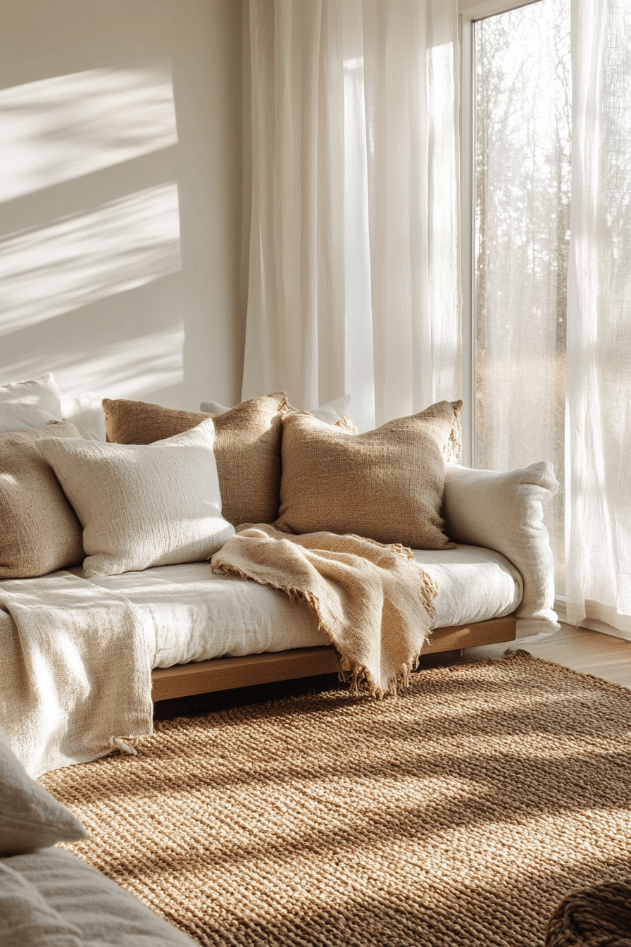 Ein Wohnzimmer mit natürlichen Stoffen, darunter beige Kissen und ein gewebter Teppich.