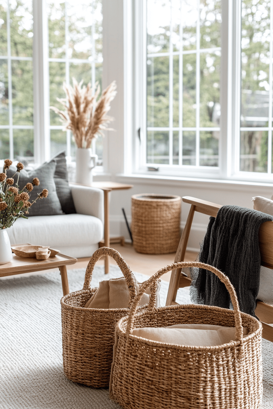 Helles Wohnzimmer mit skandinavischen Möbeln und Deko-Elementen.