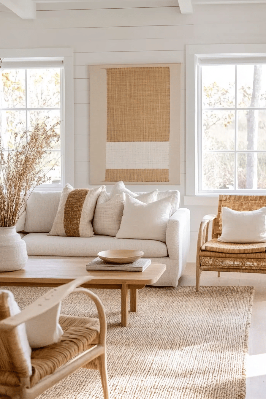Wohnzimmer im skandinavischen Stil mit hellen Farben, Holz- und Naturmaterialien.