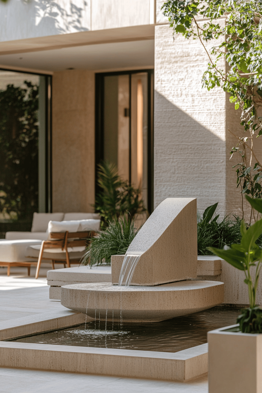 Eine moderne Terrasse mit einem skulpturalen Wasserspiel und stilvollen Sitzmöbeln.