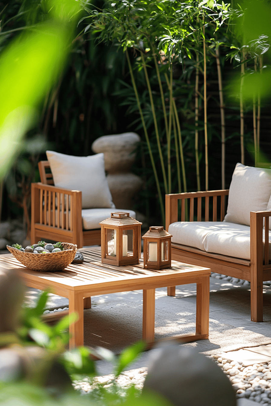 Gemütliche Teakholz-Gartenmöbel auf einer asiatisch inspirierten Terrasse mit Bambus und Laternen.